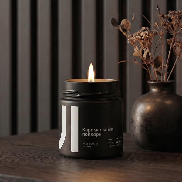 Ароматическая свеча Stella aroma Iskra Black De Luxe №3, Карамельный попкорн, 200 мл (1шт.)