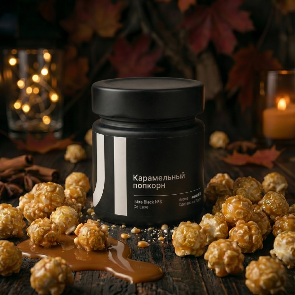 Ароматическая свеча Stella aroma Iskra Black De Luxe №3, Карамельный попкорн, 200 мл (1шт.)