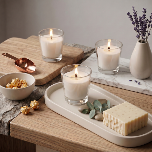 Ароматические свечи Stella Mini Glassy Набор Light 3.8.14 Base 3х50мл №3 Карамельный попкорн,№8 День в СПА,№14 Тепый Круассан