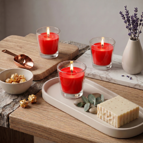 Ароматические свечи Stella Mini Glassy Набор Light 3.8.14 Red 3х50мл №3 Карамельный попкорн,№8 День в СПА,№14 Тепый Круассан