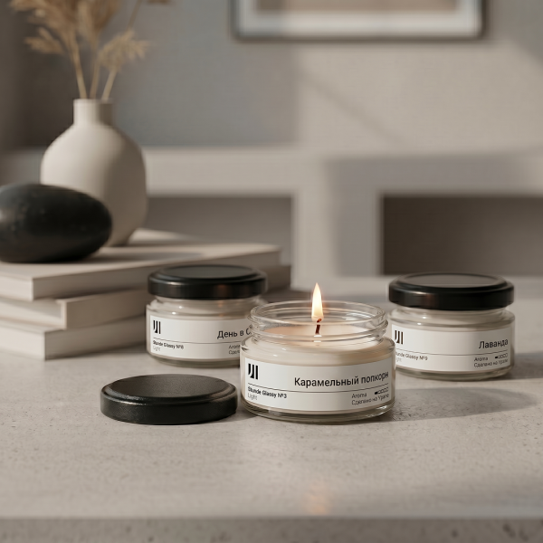 Ароматические свечи Stella aroma Stunde Glassy Набор Light 3.8.9 3х50мл (№3 Карамельный попкорн, №8 День в СПА, №9 Лаванда)