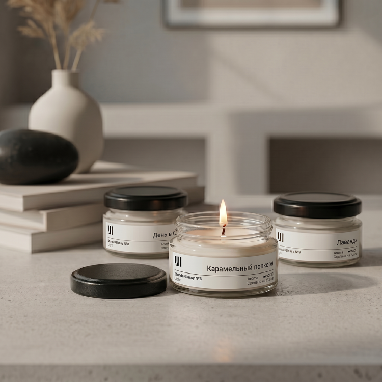 Ароматические свечи Stella aroma Stunde Glassy Набор Light 3.8.9 3х50мл (№3 Карамельный попкорн, №8 День в СПА, №9 Лаванда)