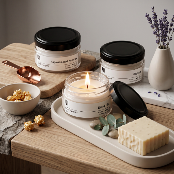 Ароматические свечи Stella aroma Stunde Glassy Набор Light 3.8.9 3х50мл (№3 Карамельный попкорн, №8 День в СПА, №9 Лаванда)