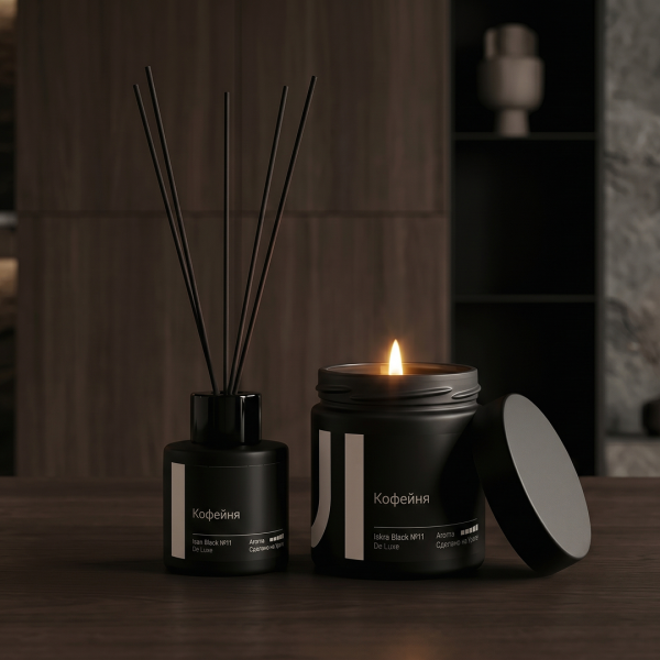 Stella aroma набор свеча Iskra Black, 200 мл и Диффузор Isan, 50 мл (De Luxe №11, Кофейня)