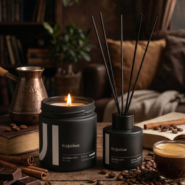 Stella aroma набор свеча Iskra Black, 200 мл и Диффузор Isan, 50 мл (De Luxe №11, Кофейня)