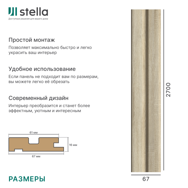 Профиль Старт МДФ Stella Beats Standart Дуб Сонома 2700x66,5x16 (упак.4шт.)