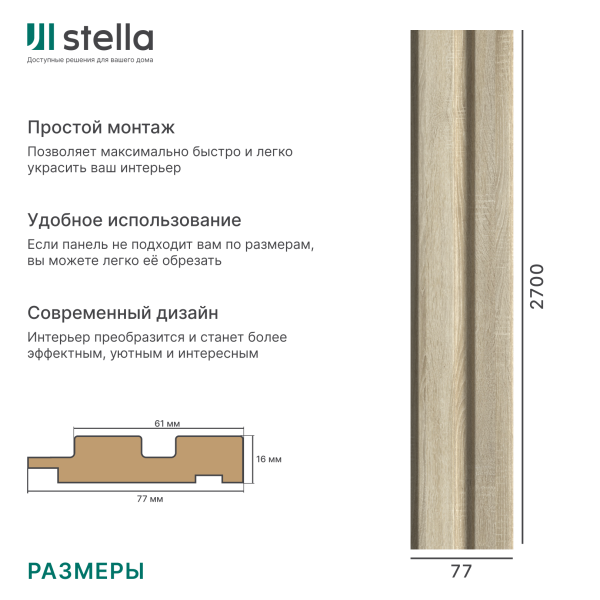 Профиль Финиш МДФ Stella Beats Standart Дуб Сонома 2700x77x16 (упак.4шт.)
